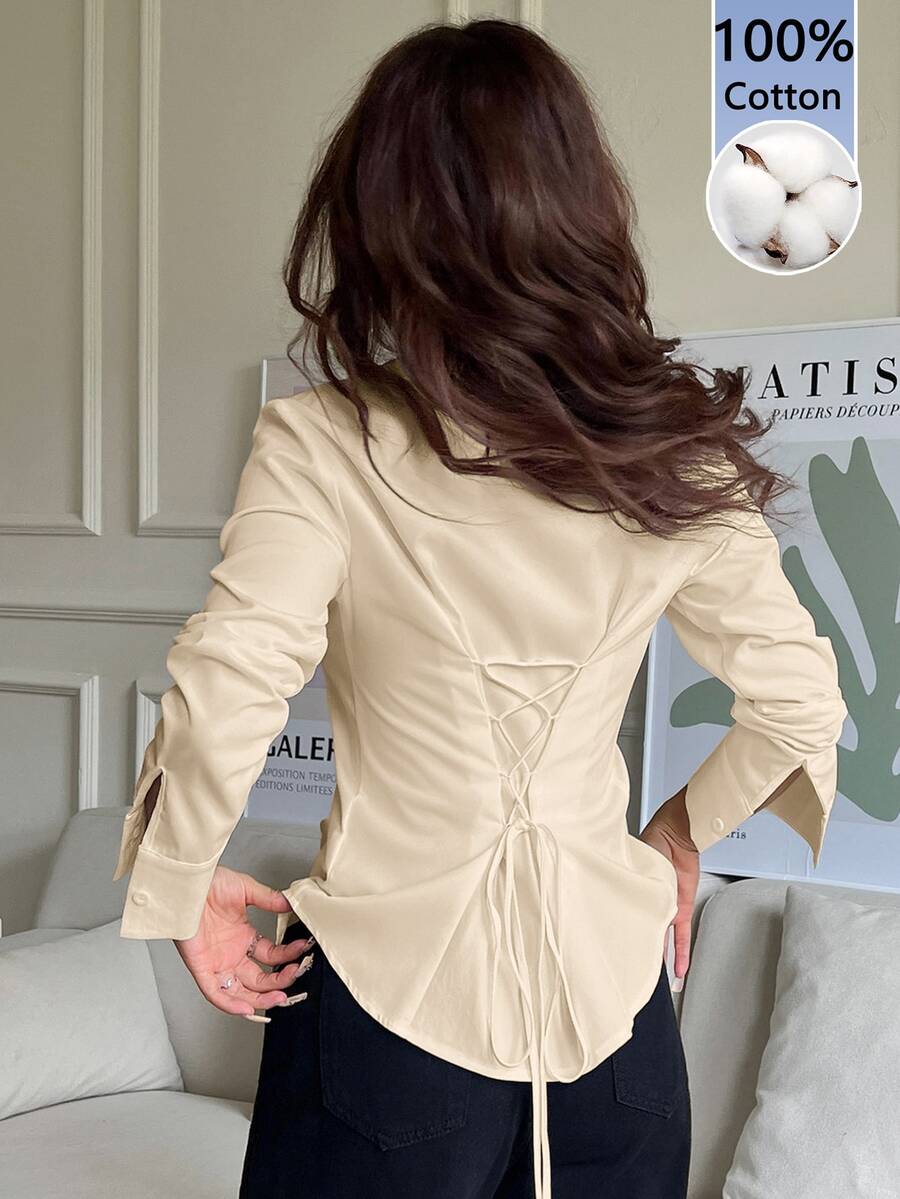 SHEIN EZwear 100%純棉杏色女款休閒百搭前扣式後收腰修身長袖襯衫,適合秋冬穿著 - 杏色 - 查看 1