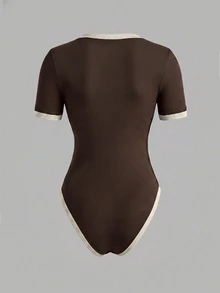 Franclia Women's Plus Size Colorblock V-Neck Short Sleeve Button Design Casual Bodysuit - Brown - View 2