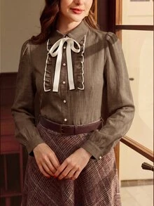 Vintamour 復古優雅女款襯衫，對比色蝴蝶結、珍珠鈕扣、百褶翻領，休閒通勤度假節慶上衣 - 棕色 - 查看 4