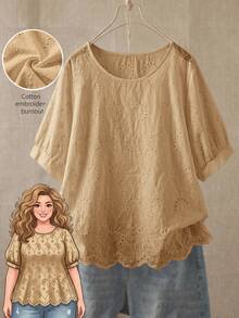 Rusticease Plus Size Vacation Casual Solid Color Hollow Embroidery Shirt - Khaki - View 1