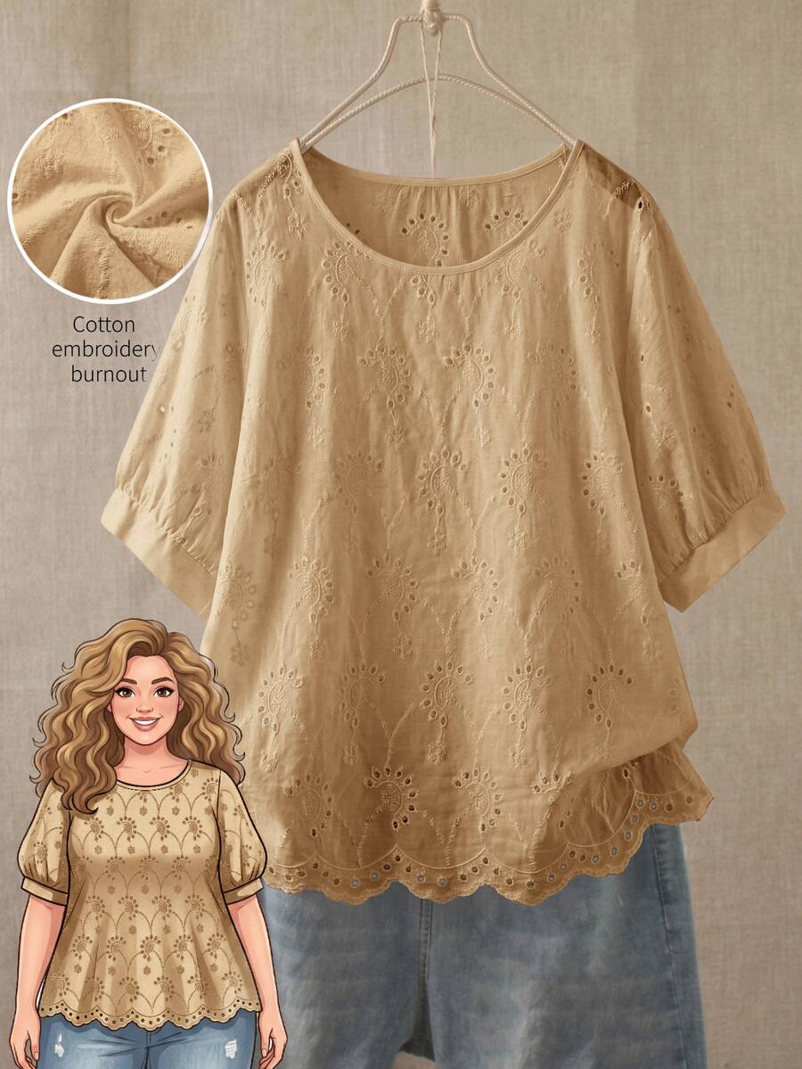 Rusticease Plus Size Vacation Casual Solid Color Hollow Embroidery Shirt - Khaki - View 1