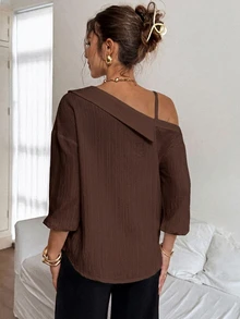 Siren Gaze Women's Spring/Fall Solid Color Asymmetric Collar Dropped Shoulder Loose Casual Elegant Chic Blouse Going Out Dark Brown - Coffee Brown - View 2