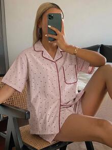 DAZY 女款波點印花上衣與短褲睡衣套裝 - 粉色 - 查看 5