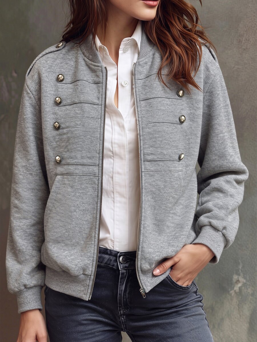 SHEIN American Retro Button Decor Grey Sweatshirt Fabric Baseball Collar Zip-Up Casual Short Jacket - Grey - View 1