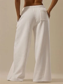 MUSERA ESSENTIALS 寬鬆大寬腿抽繩休閒運動褲 日常休閒基礎款 適合度假與夏季 - 奶油色 - 查看 4