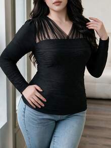 Feyla 大尺碼女款純色拼接網紗長袖修身時尚襯衫 - 黑色 - 查看 3