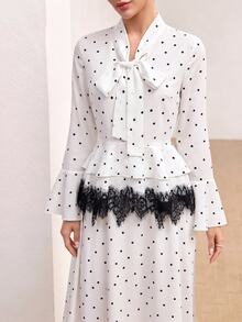 Graceveil Korean Style Polka Dot Print Lace Patchwork Bowknot Flared Sleeve Ruffle Blouse & Full Skirt 2 Pieces Set, Gentle And Elegant For Women - Multicolor - View 3