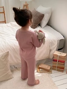 DAZY Baby Girl Bow Decor Long Sleeve Top And Pants Loungewear Set Fall - Pink - View 2