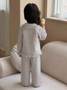 DAZY 女嬰韓式條紋領襯衫與條紋寬鬆休閒長褲 2 件套居家服 - 黑與白 - 查看 2