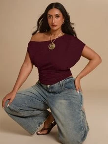 SHEIN BAE CURVE 大尺碼夏季休閒純色不對稱肩針織T恤 - 酒紅色 - 查看 6