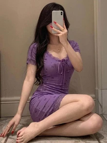 DAZY 甜美蝴蝶結印花蕾絲拼接修身短袖迷你洋裝 夏季女款睡裙 - 紫色 - 查看 3