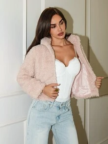 Allurite Women's Solid Color Casual Elegant Versatile Winter Faux Fur Coat Going Out Dusty Pink - Dusty Pink - View 4