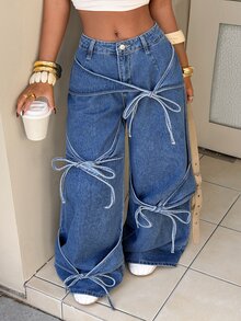 SHEIN Tall Women's Casual Washed Tie-Waist Wide Leg Jeans - Blue - View 5