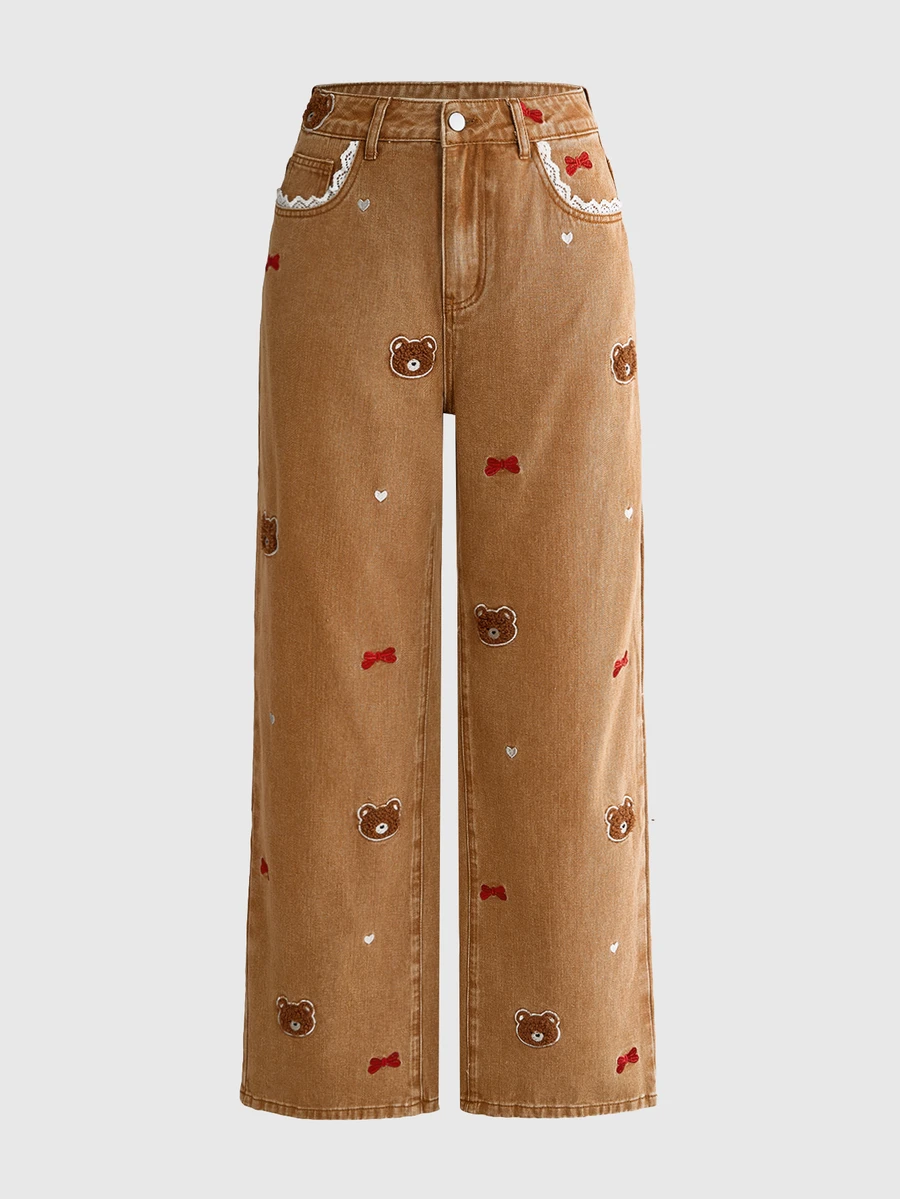 ROMWE Autumn/Winter Sweet Kawaii Embroidered Bear Casual Straight Wide Leg Jeans For Women - Brown - View 1