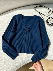 SHEIN 青少年女孩針織蝴蝶結長袖開襟衫 冬季 - 藏蓝色 - 查看 5