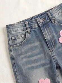 SHEIN Girlism 女童可愛花卉毛巾刺繡圖案復古藍色丹寧彈性緊身喇叭牛仔褲 - 中等水洗藍 - 查看 4