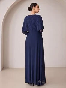 Graceveil Navy Blue Lace Twisted Shawl Style 2 In 1 Long Sleeve Evening Gown - Royal Blue - View 6