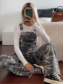 SHEIN Teen Girls Camouflage Denim Loose Overalls - Army Green - View 2