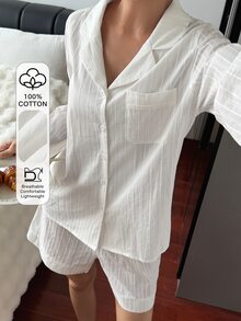 Livesso Women's Textured Button Long Sleeve Top And Shorts Loungewear Set Fall - White - View 3