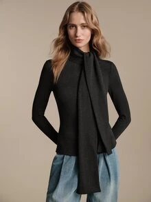 Anewsta Essential Autumn/Winter New High-Quality Standard Size Women's Design Ribbon Scarf High Neck Knitted Sweater, Slim Fit Flattering Versatile Long Sleeve Base Layer Top - Black - View 4