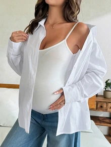 Dazy Maternity 純色寬鬆長袖休閒度假風春秋孕婦襯衫女上衣 - 白色 - 查看 1