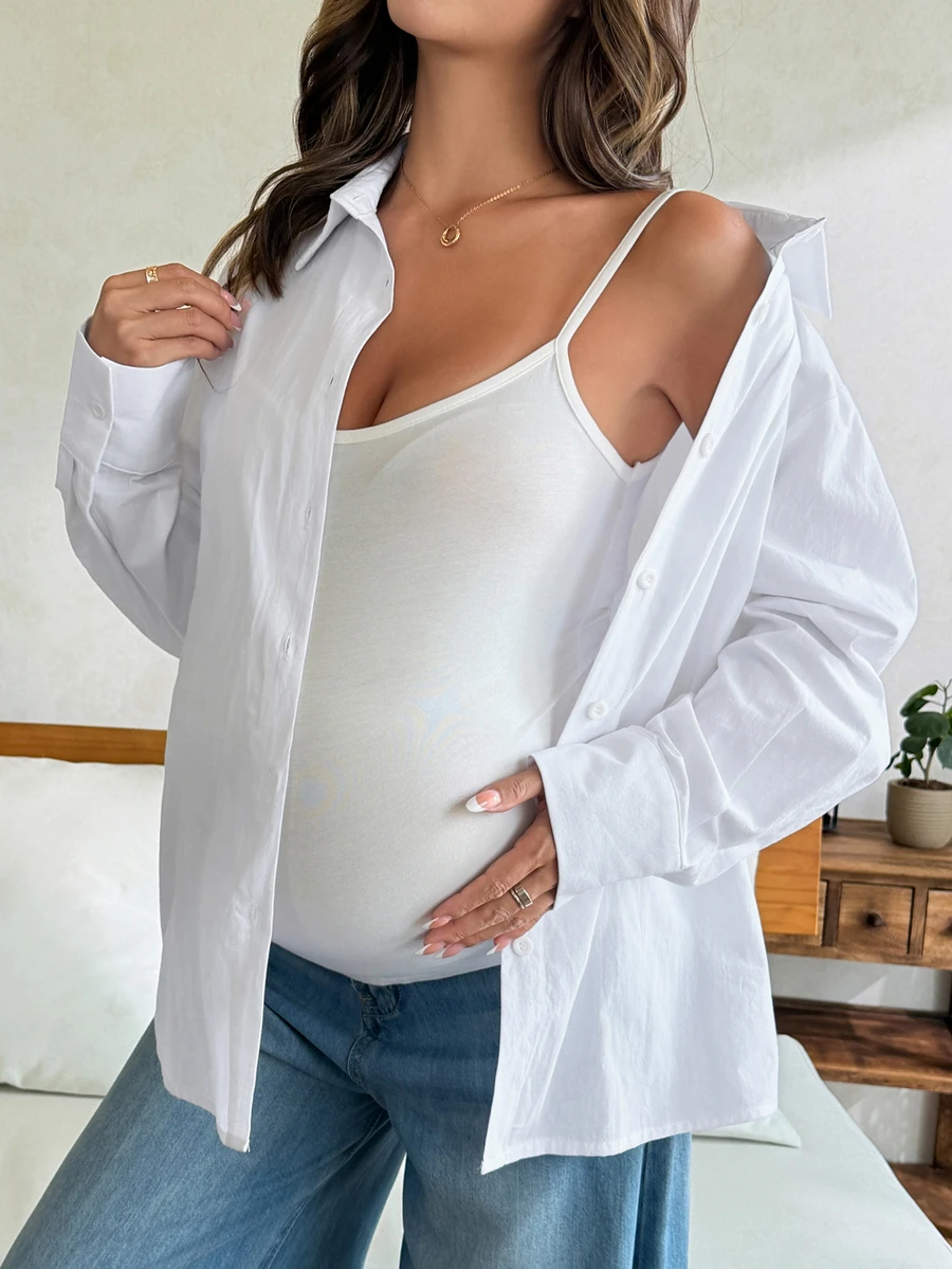 Dazy Maternity 純色寬鬆長袖休閒度假風春秋孕婦襯衫女上衣 - 白色 - 查看 1
