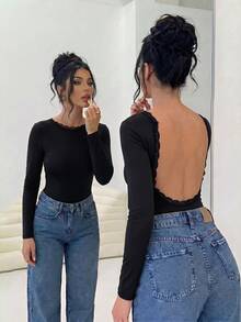 Firerie Women's Elegant Romantic Fashion Commute Sexy Elegant Style Backless Bodysuit, Suitable For Party, Vacation, Romantic Date And Wedding - Black - View 1