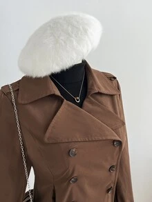 Elamini Women's Coffee Brown Double-Breasted Pleated Hem Trench Coat - Coffee Brown - View 4