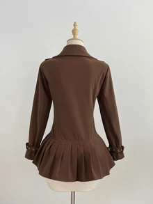 Elamini Women's Coffee Brown Double-Breasted Pleated Hem Trench Coat - Coffee Brown - View 2