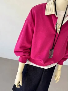 INAWLY 女款拼接條紋襯衫領長袖休閒衛衣 - 玫紅色 - 查看 4