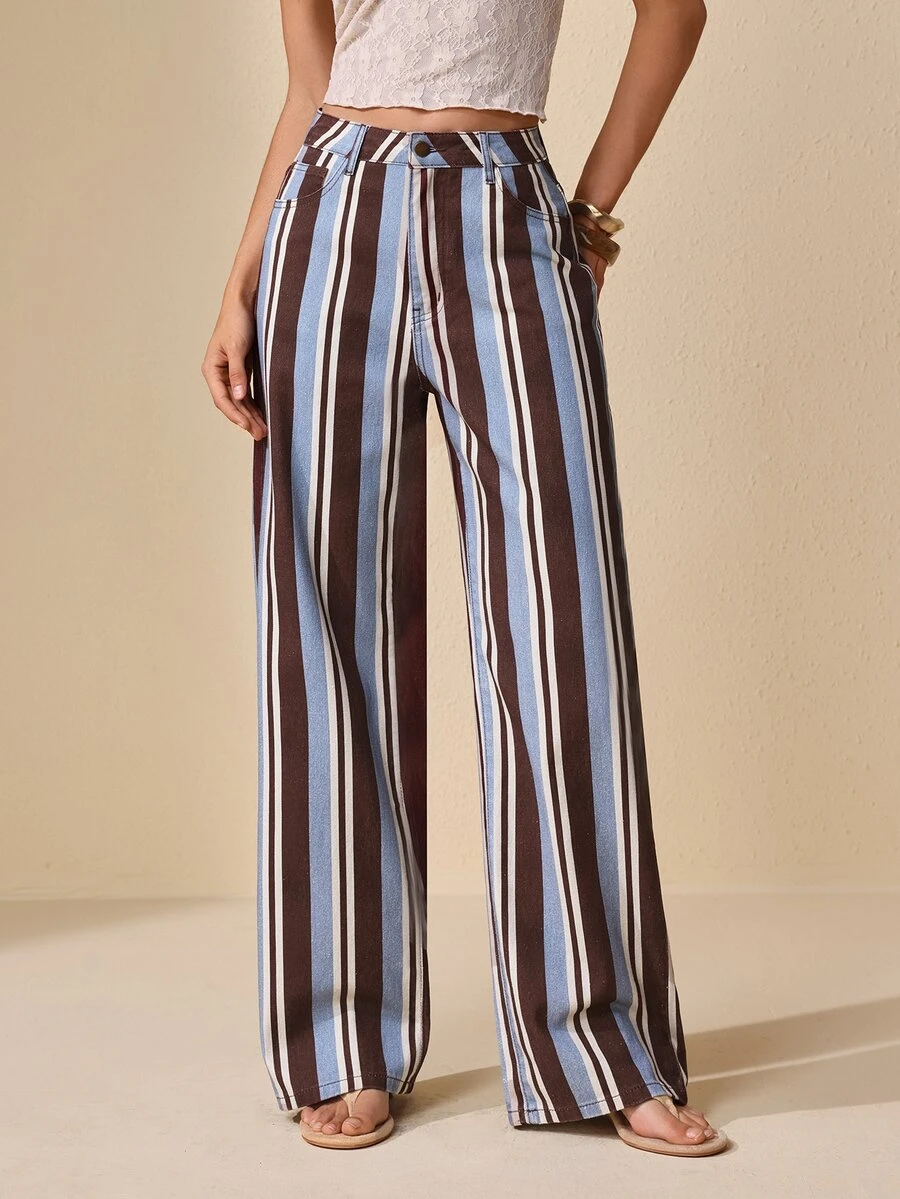 Selenza Celana Jeans Denim Kasual Longgar Potongan Lurus Motif Garis-garis untuk Wanita