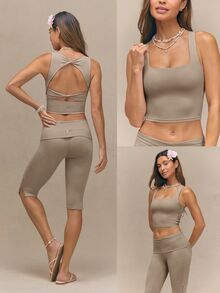 GLOWMODE FeatherFit™ Active Ambition Buttery-Soft Square Neck Twisted Open Back Removable Cups Crop Active Tank Top Low Impact Yoga Pilates Studio Daily Wear - Khaki - View 9