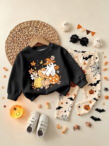Oo Cute To Spook 嬰兒女童萬聖節套裝，可愛幽靈與南瓜印花衛衣搭配蜘蛛網圖案內搭褲套裝 (2件組)，秋季服飾系列 - 彩色 - 查看 3