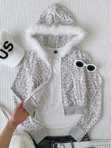 Comfortcana Sweatshirt Wanita Warna Terang Motif Leopard dengan Kerah Bulu dan Resleting - MultiWarna - View 9