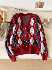 CosyJoli Women's Diamond Quilted Long Sleeve Single-Breasted Casual Knit Cardigan - Multicolor - View 1