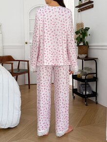 Moonlight&Mama Romantic Floral Bow Print Lace Patchwork Long Sleeve Top And Pants Maternity Pajama Set, Soft And Comfortable - Multicolor - View 2