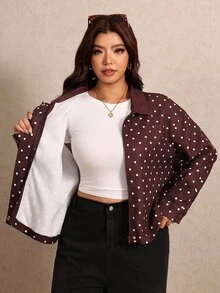 Elaquor Plus Size French Style Versatile Polka Dot Print Long Sleeve Jacket - Coffee Brown - View 8