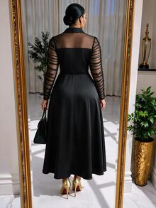 SHEIN Lady CURVE فستان أنيق للنساء بمقاسات كبيرة مع أكمام طويلة وياقة وشبكة متباينة - الأسود - مشاهدة 2