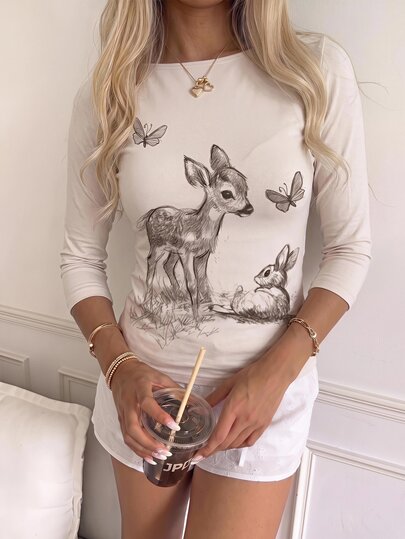 SHEIN EZwear Casual Minimalist 95% Cotton Sexy Cold Shoulder Baby Deer Print 3/4 Sleeve T-Shirt, Suitable For Spring/Summer, Spring/Summer Clothing Matching, Cream Yellow Stripes Make You Look Fairer, Summer Top, Suitable For Daily Commute, Dating, Gathering, Autumn/Winter/Spring/Summer, Christmas, New Year, Thanksgiving, Party, Wedding, Beach, Graduation Ceremony,