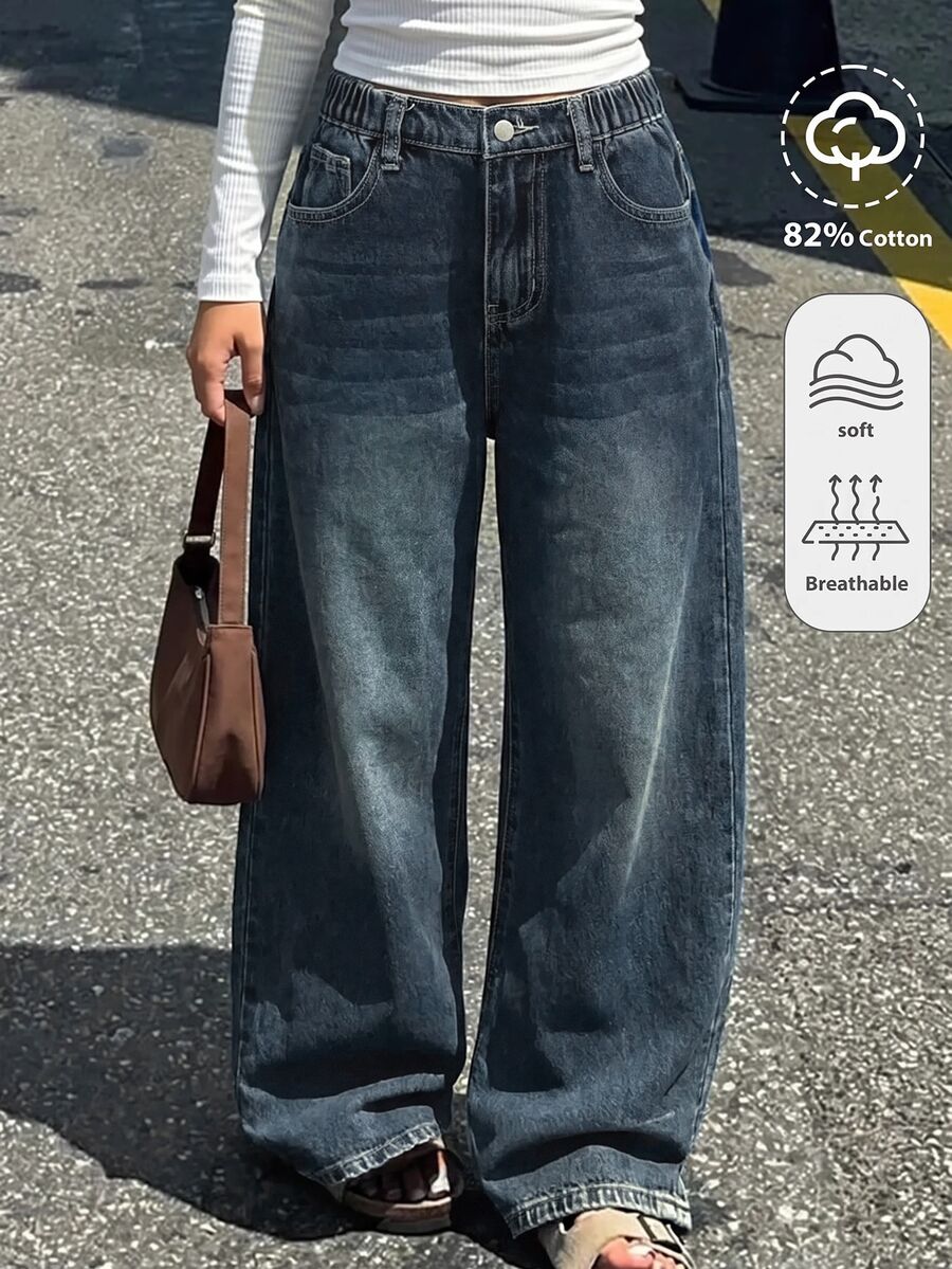 Coolane Kids Girls' Vintage Deep Blue Denim Loose Fit Long Pants - Blue - View 1