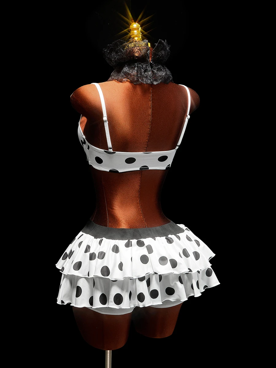 Amplova Women's Polka Dot Bra & Skirt 2 Pieces Set Halloween - Black and White - View 1