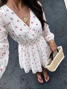 Flora Isola Flora Isola Women's Summer Off-White Cherry Print V-Neck Puff Lantern Long Sleeve Elastic Waist A-Line Mini Dress - Beige - View 8