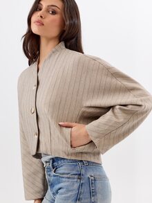 KÆRIA Hus 女款條紋蝙蝠袖長袖單排扣休閒夾克 - 米色 - 查看 5