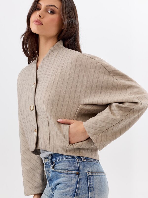 KÆRIA Hus Cocoon Sleeve Cropped Jacket - Structured Pinstripe Drape - Taupe - Matching Set, Business, Layering