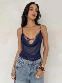 Aloruh 女款蕾絲拼接百褶性感百搭細肩帶背心 - 藏蓝色 - 查看 3