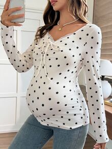 Dazy Maternity Polka Dot Elastic Top With Ruched Tie-Up Patchwork Long Sleeve Casual Vacation Korean Style Spring Autumn Maternity T-Shirt - White - View 6
