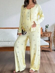 Dazy Maternity Setelan 3 Potong untuk Pakaian Rumah Kasual Sehari-hari dengan Motif Kupu-kupu (Kamisol Pas Badan, Kardigan Longgar, Celana Panjang Lurus), dan Setelan 2 Potong untuk Ibu Hamil/Musim Semi/Gugur - Kuning - View 9