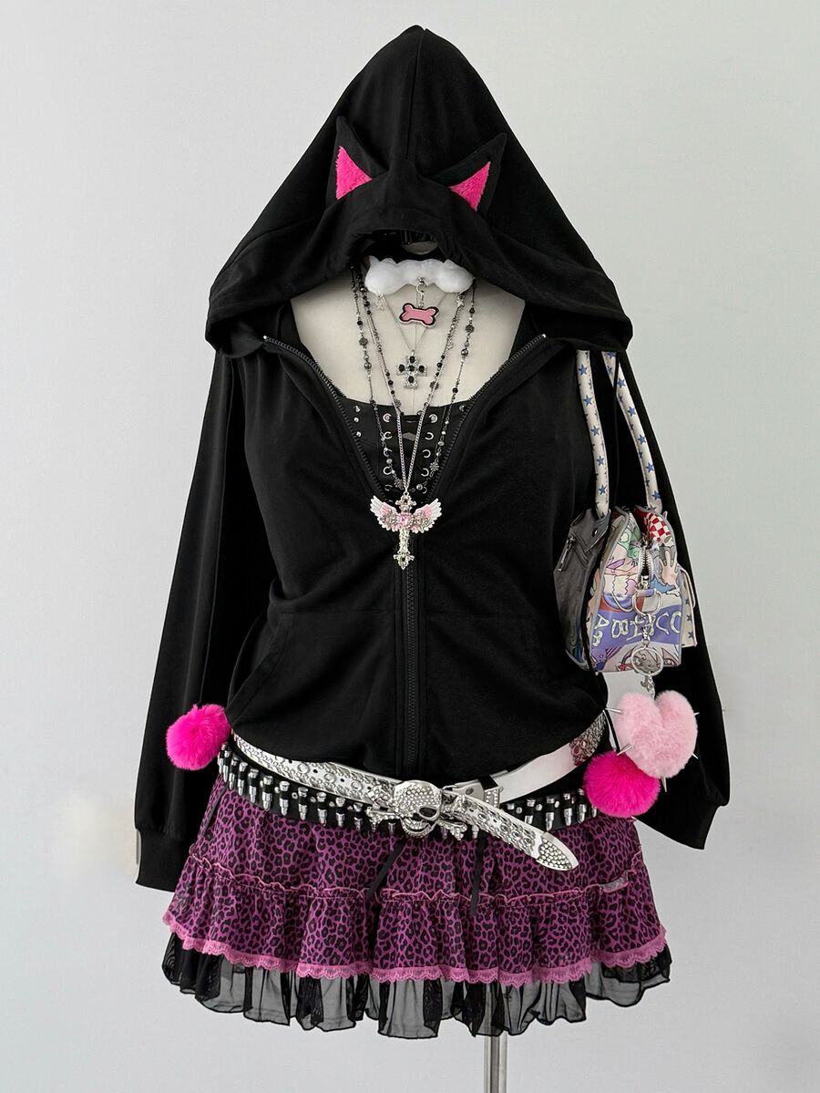 Sunspun Plus Size Women's Bowknot Decor Casual Versatile Hooded Jacket Fall - Black - View 1