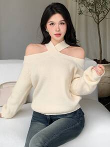 DAZY Autumn/Winter Cross Halter Neck Off Shoulder Loose Elegant Date Party Beige Women Sweater - Beige - View 4