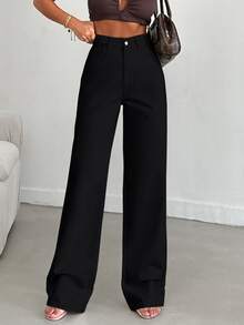 SHEIN Tall بنطلون جينز أسود طويل بخصر عالي وقصة عادية وأسلوب كاجوال وغسيل شطف وأزرار أمامية وقصة مستقيمة - الأسود - مشاهدة 2